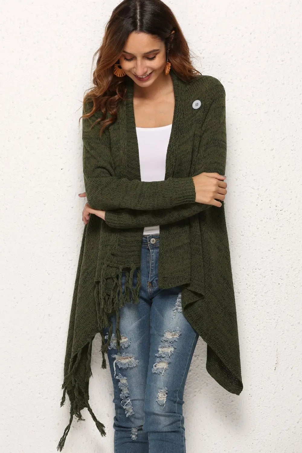 One-Button Tassel Tie Asymmetrical Hem Cardigan - Scarlett's Riverside Boutique 