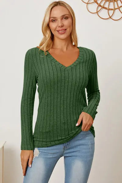 Basic Bae Full Size Ribbed V-Neck Long Sleeve T-Shirt - Scarlett's Riverside Boutique 