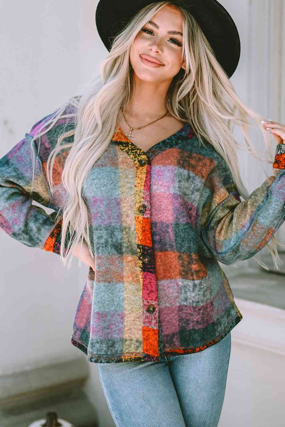 Plaid V-Neck Button Down Jacket - Scarlett's Riverside Boutique 