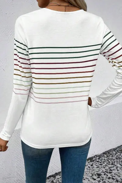 Striped Round Neck Long Sleeve T-Shirt - Scarlett's Riverside Boutique 