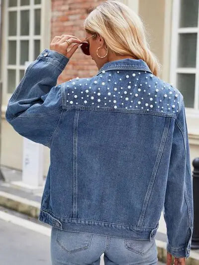 Pearl Detail Collared Neck Long Sleeve Denim Jacket - Scarlett's Riverside Boutique 