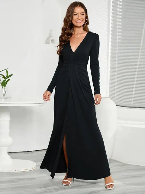 V-Neck Long Sleeve Split Dress - Scarlett's Riverside Boutique 