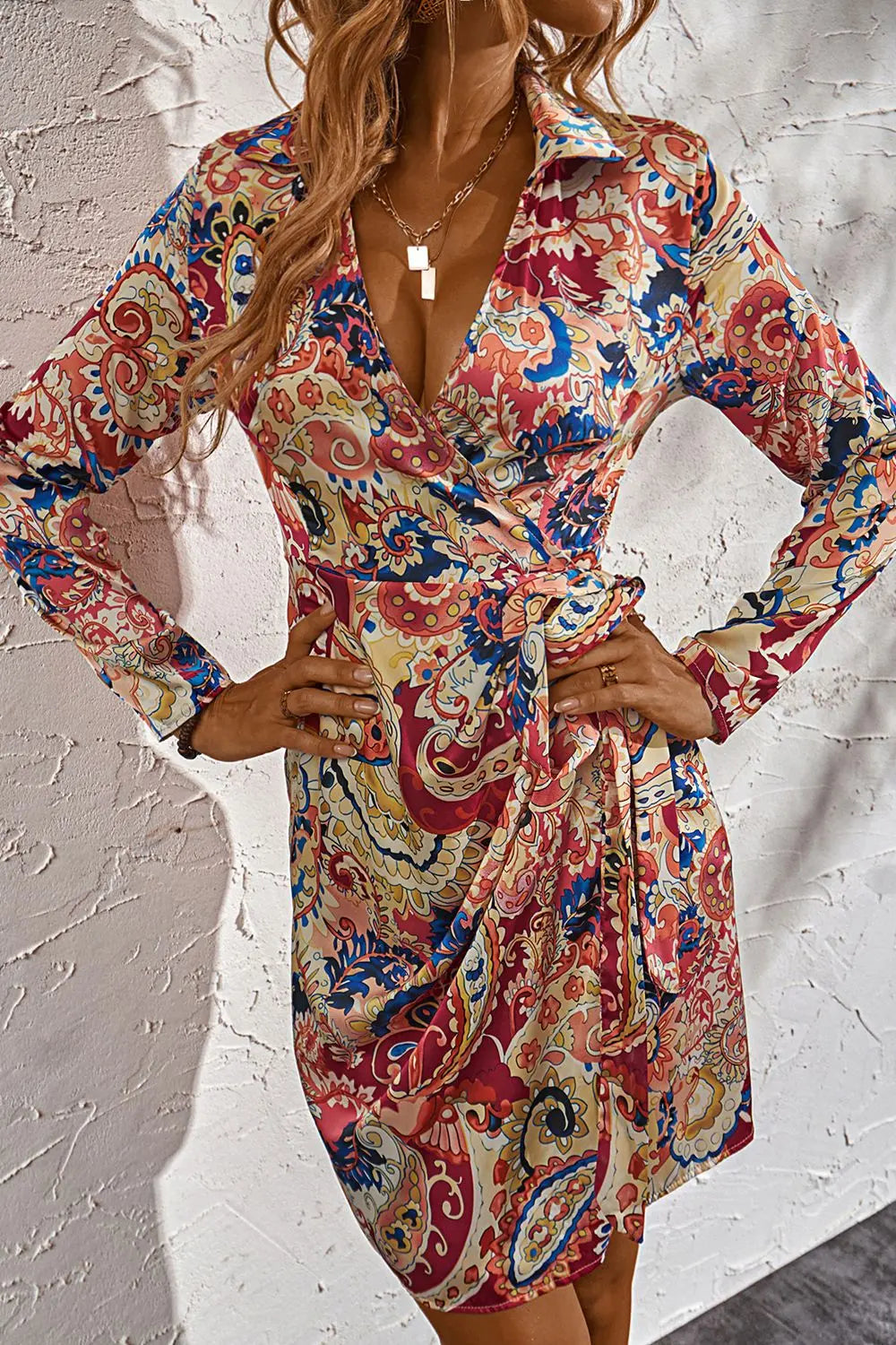 Printed Surplice Neck Long Sleeve Mini Dress - Scarlett's Riverside Boutique 