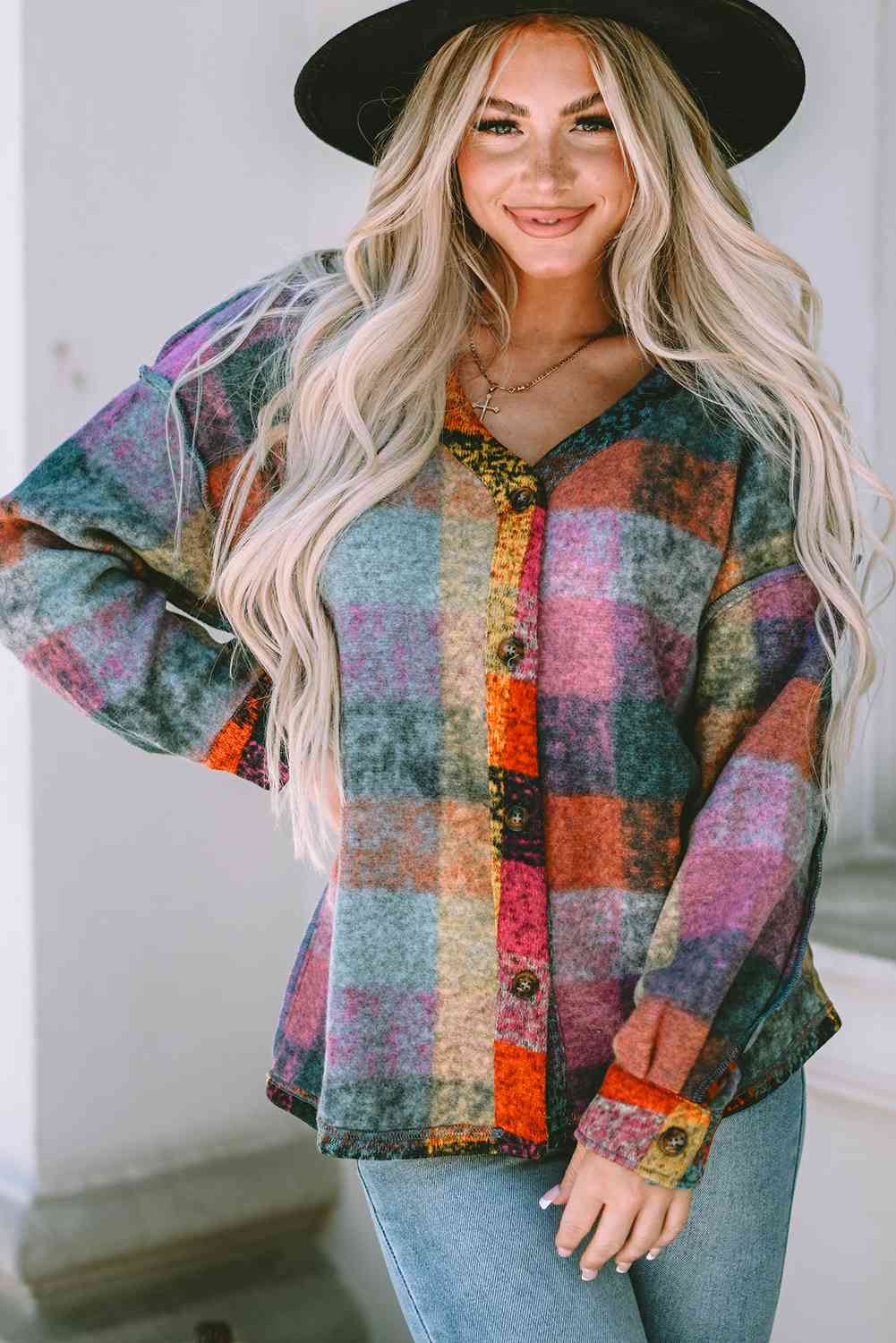 Plaid V-Neck Button Down Jacket - Scarlett's Riverside Boutique 