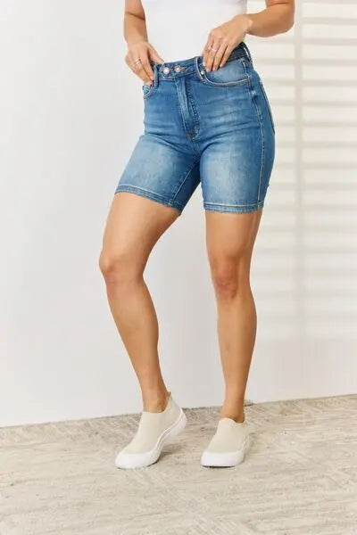 Judy Blue Full Size Tummy Control Double Button Bermuda Denim Shorts - Scarlett's Riverside Boutique 