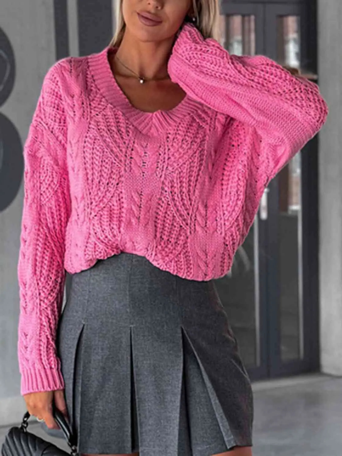 V-Neck Cable-Knit Long Sleeve Sweater - Scarlett's Riverside Boutique 