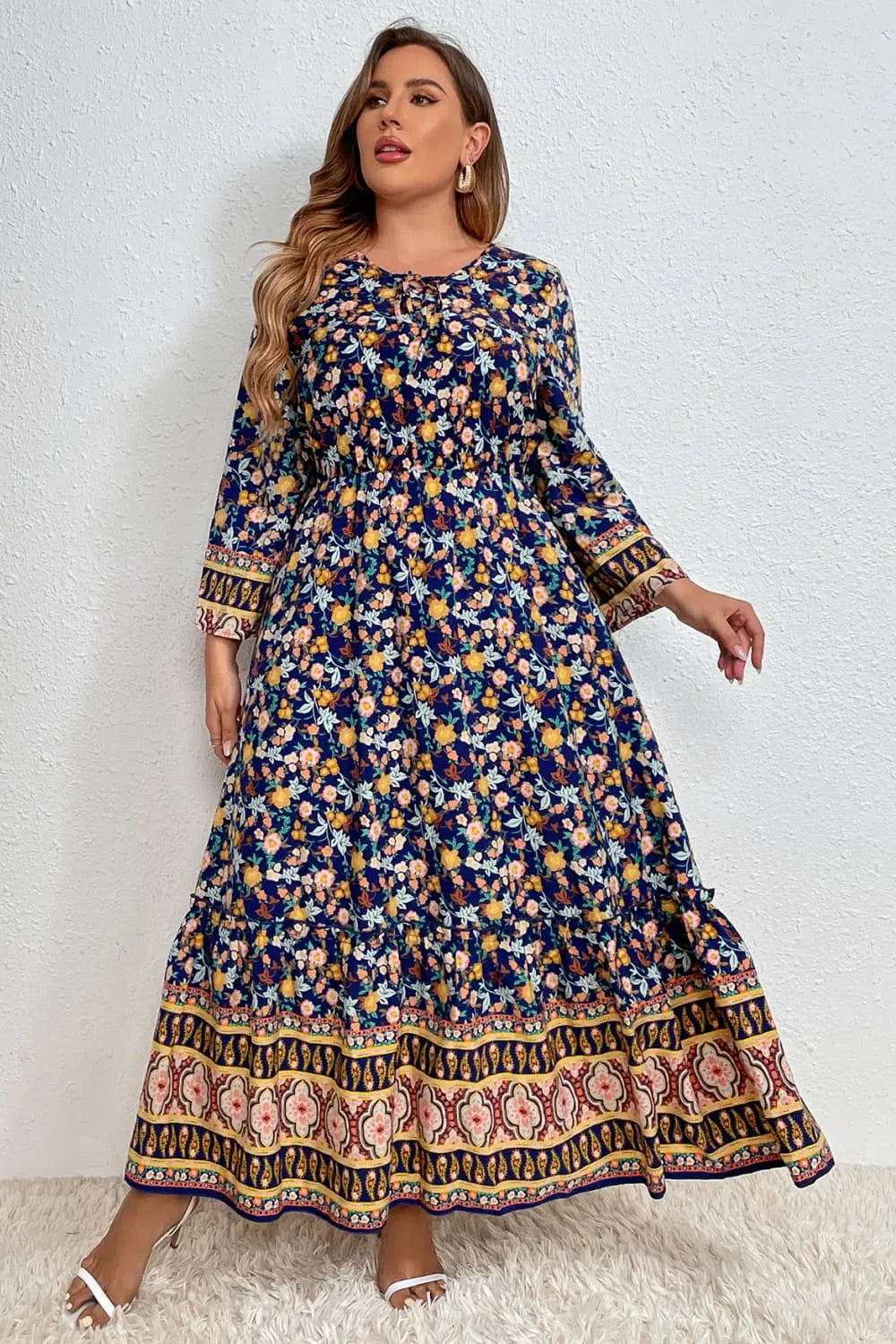 Melo Apparel Plus Size Bohemian Round Neck Maxi Dress - Scarlett's Riverside Boutique 