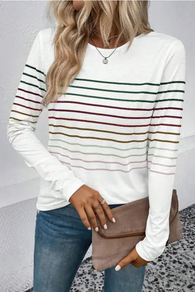 Striped Round Neck Long Sleeve T-Shirt - Scarlett's Riverside Boutique 