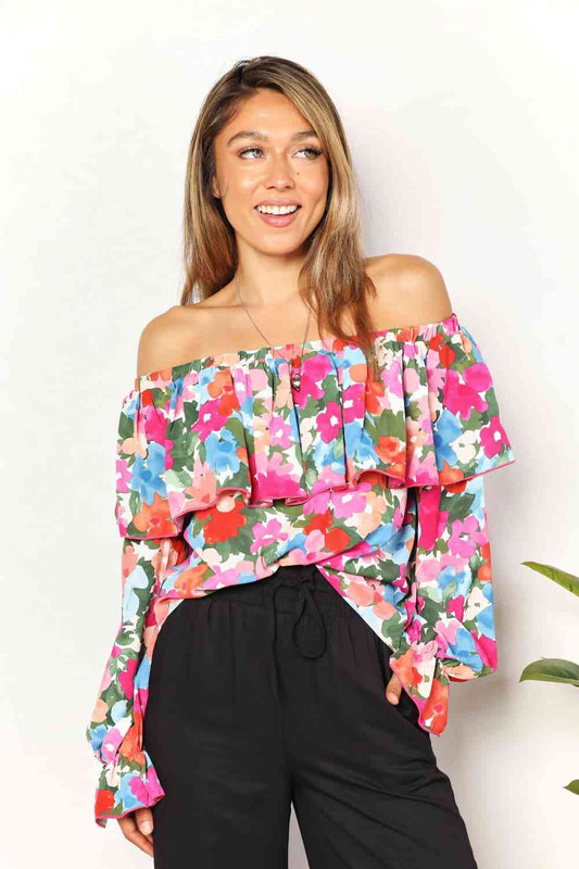 Double Take Floral Off-Shoulder Flounce Sleeve Layered Blouse - Scarlett's Riverside Boutique 