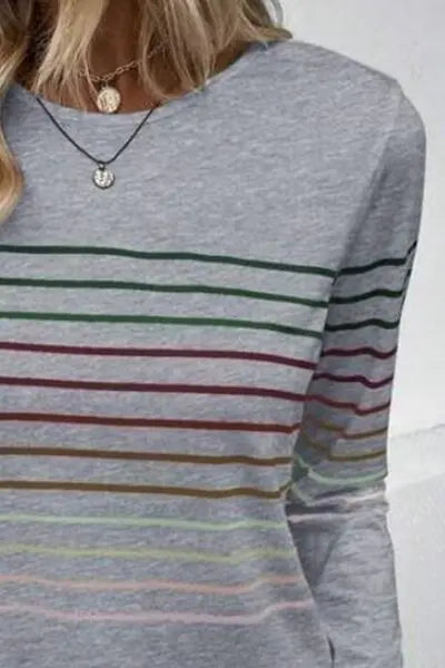 Striped Round Neck Long Sleeve T-Shirt - Scarlett's Riverside Boutique 