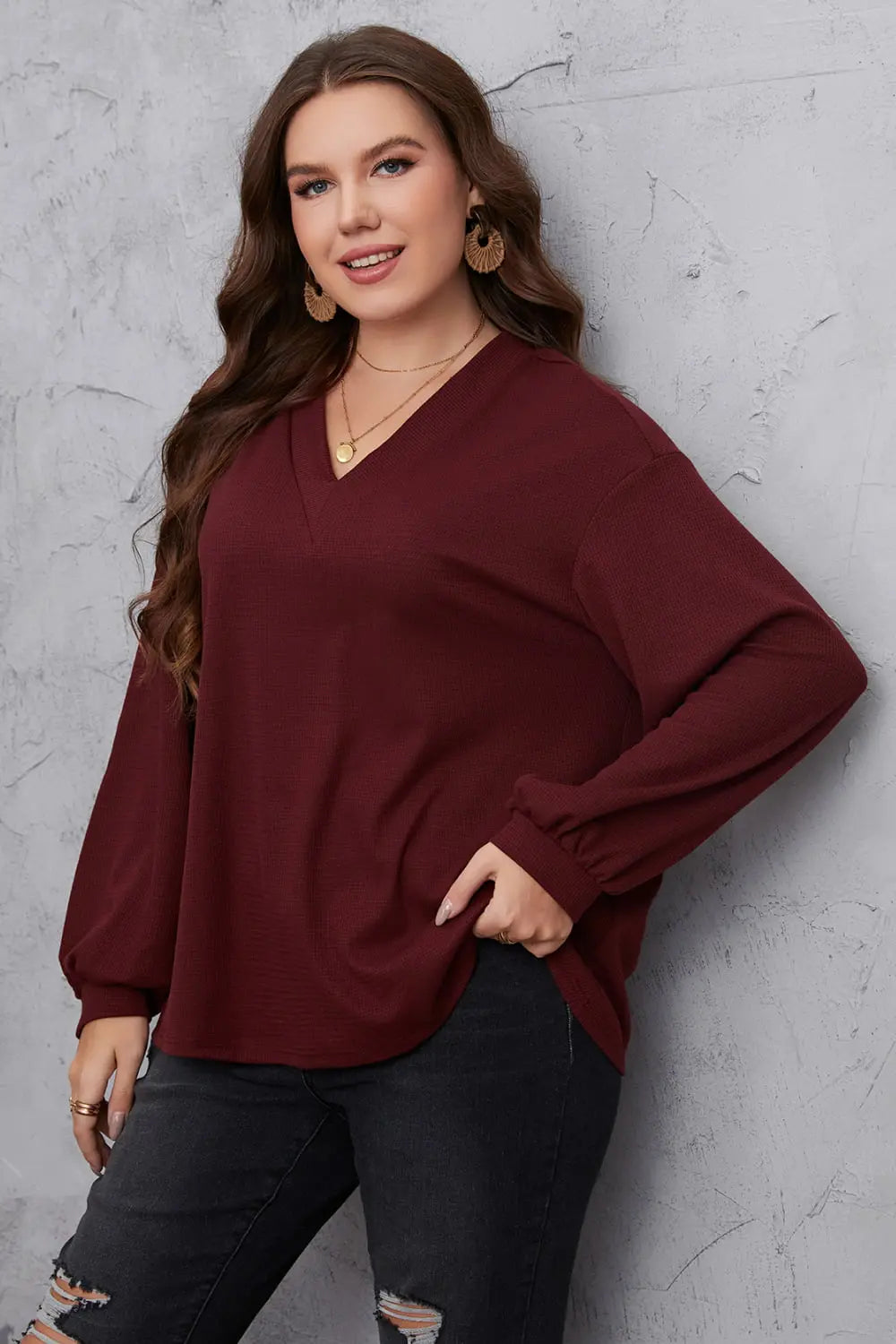 Melo Apparel Plus Size V-Neck Dropped Shoulder Blouse - Scarlett's Riverside Boutique 