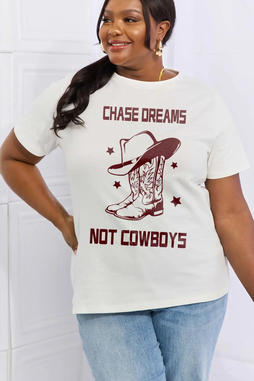 Simply Love Simply Love Full Size CHASE DREAMS NOT COWBOYS Graphic Cotton Tee - Scarlett's Riverside Boutique 