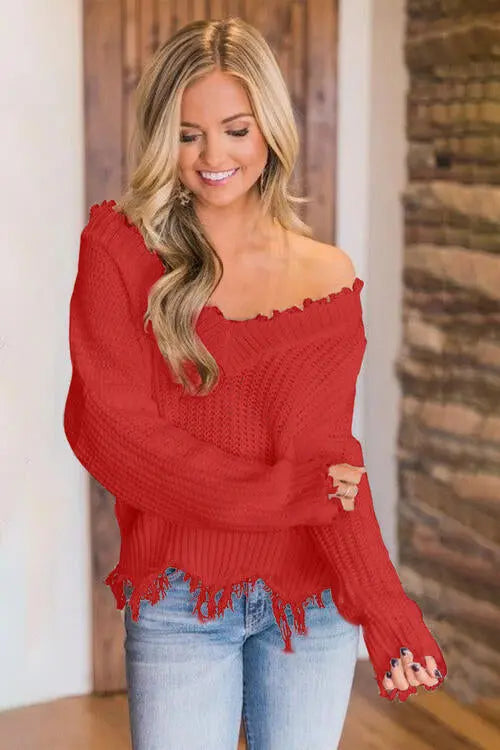 Frayed Hem Dropped Shoulder Sweater - Scarlett's Riverside Boutique 