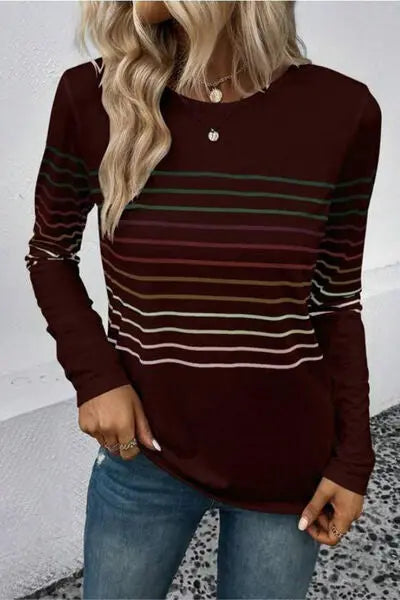 Striped Round Neck Long Sleeve T-Shirt - Scarlett's Riverside Boutique 