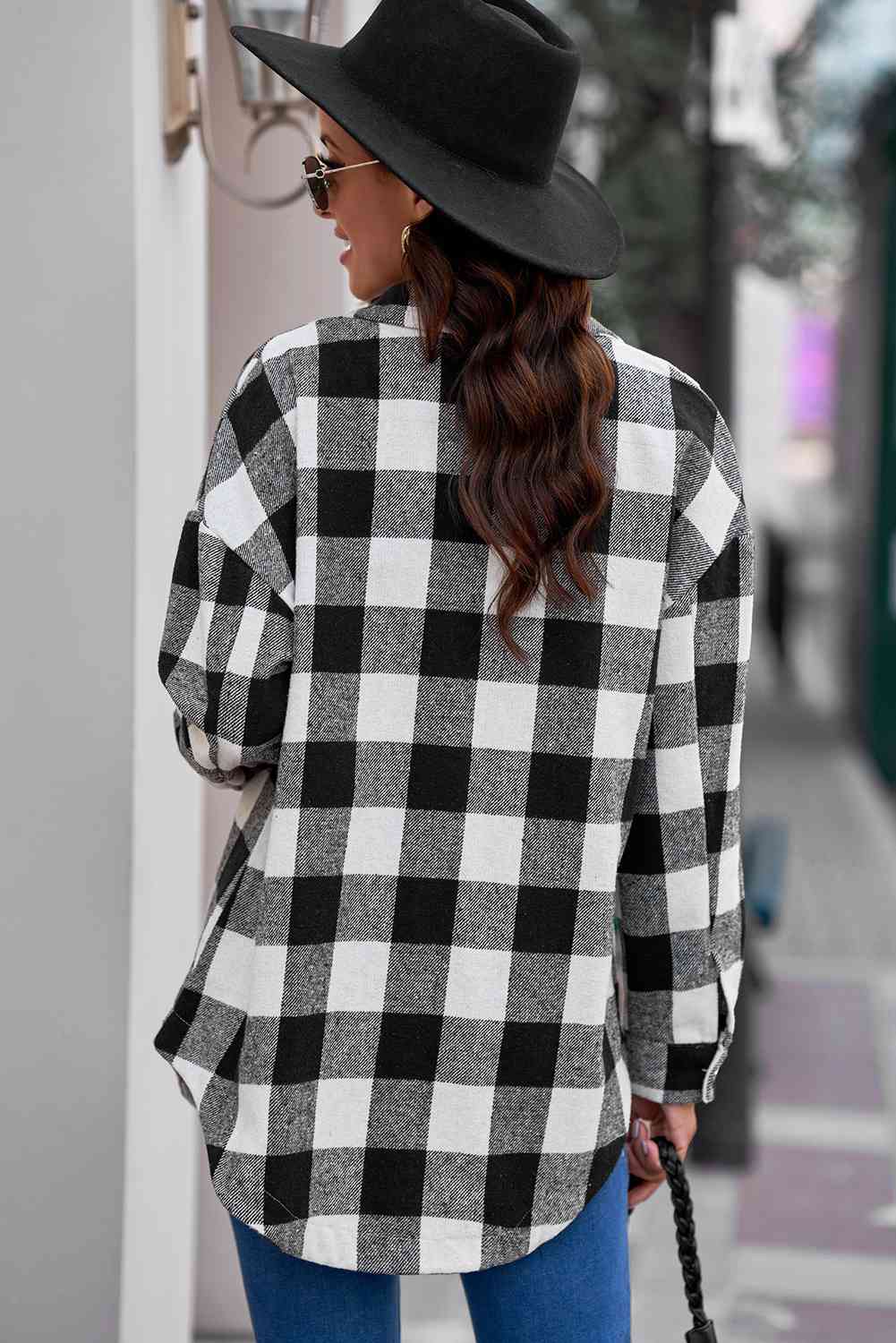 Plaid Curved Hem Dropped Shoulder Longline Shirt Jacket - Scarlett's Riverside Boutique 