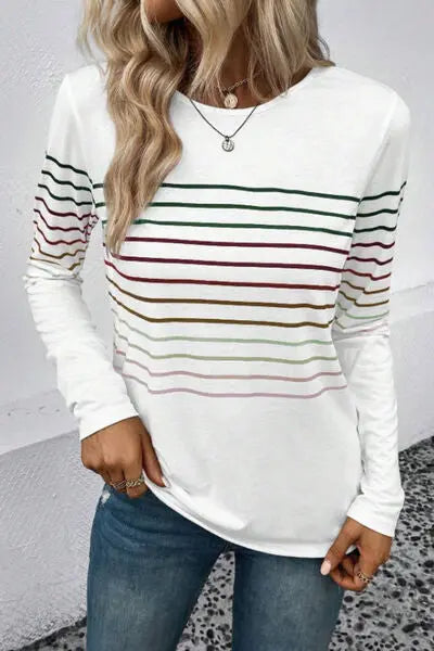 Striped Round Neck Long Sleeve T-Shirt - Scarlett's Riverside Boutique 