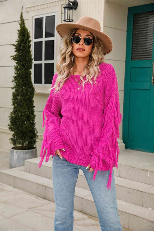 Ribbed Round Neck Fringe Detail Sweater - Scarlett's Riverside Boutique 