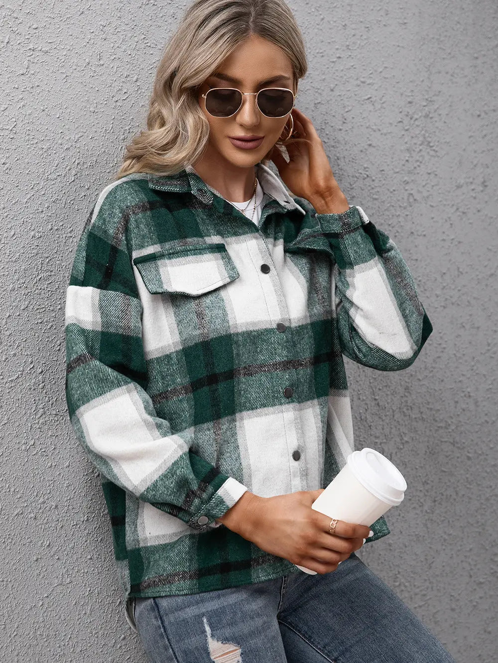 Plaid Long Sleeve Shirt Jacket - Scarlett's Riverside Boutique 