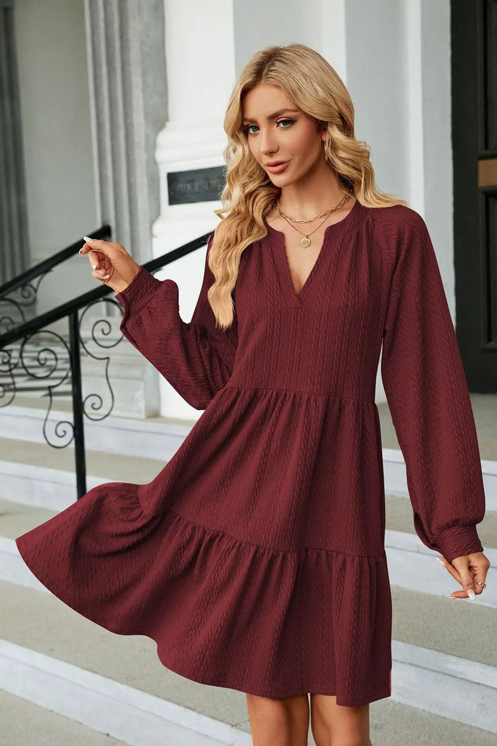 Notched Neck Long Sleeve Mini Dress - Scarlett's Riverside Boutique 