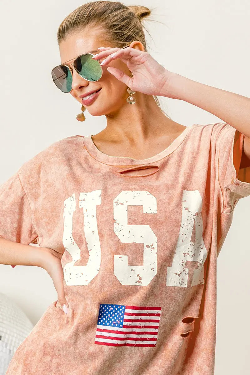 BiBi Washed American Flag Graphic Distressed T-Shirt - Scarlett's Riverside Boutique