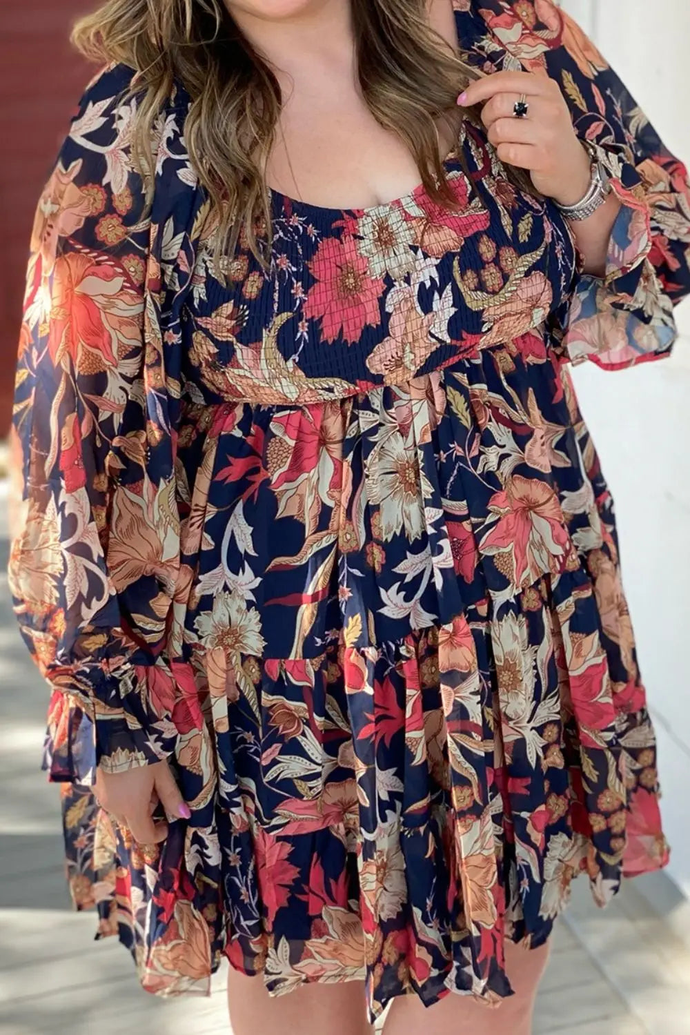 Plus Size Smocked Printed Long Sleeve Dress - Scarlett's Riverside Boutique 