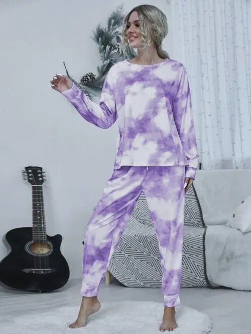 Tie-dye Round Neck Top and Drawstring Pants Lounge Set - Scarlett's Riverside Boutique 