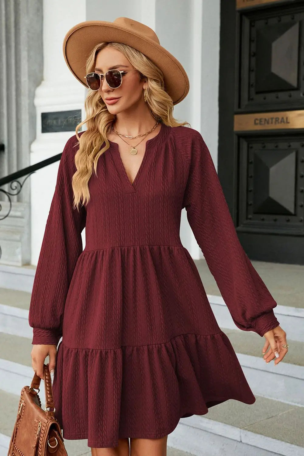 Notched Neck Long Sleeve Mini Dress - Scarlett's Riverside Boutique 