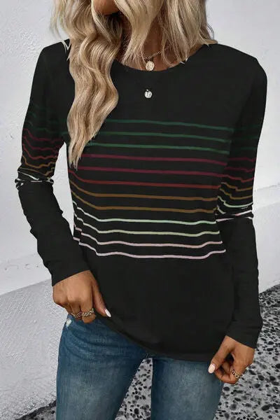 Striped Round Neck Long Sleeve T-Shirt - Scarlett's Riverside Boutique 