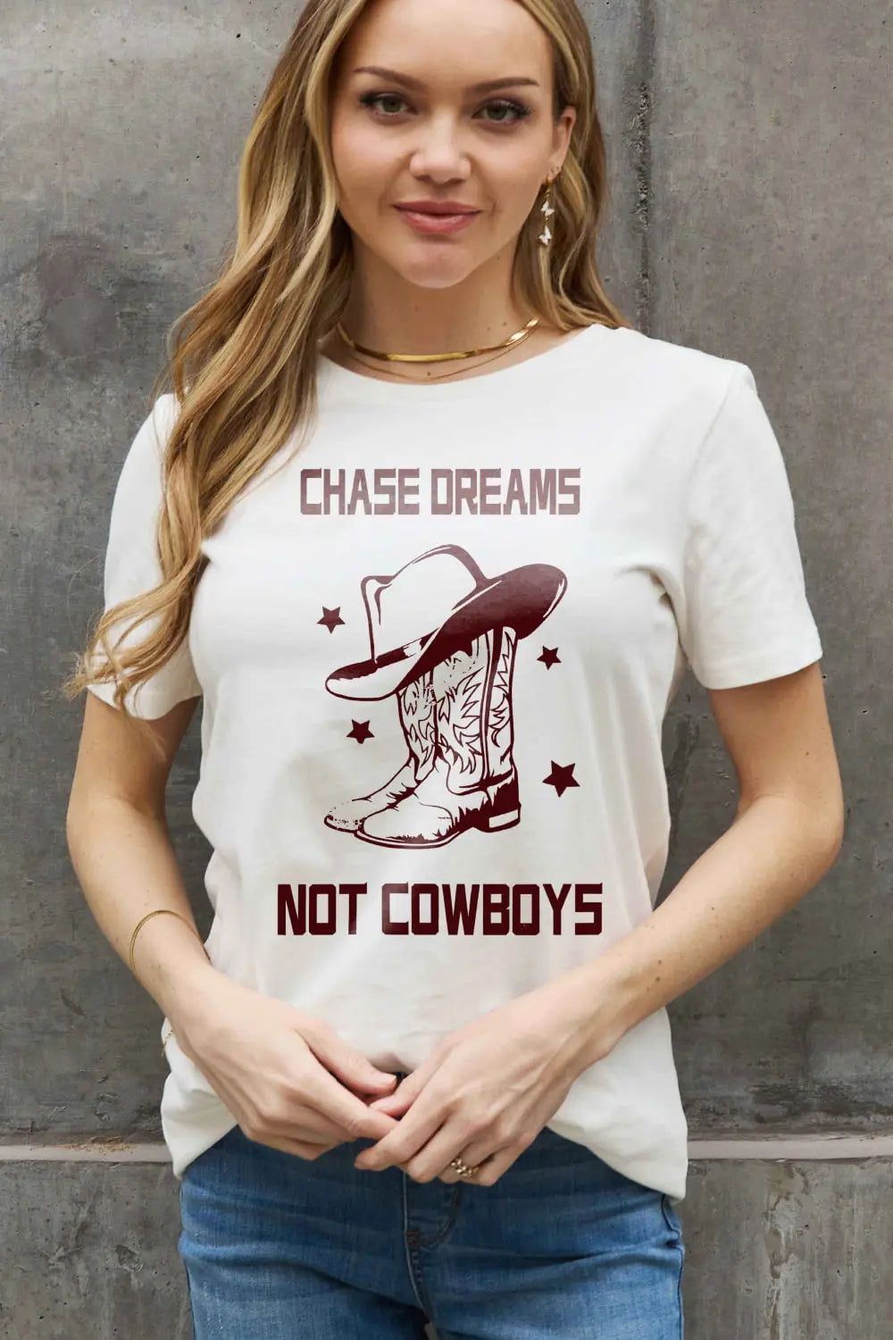 Simply Love Simply Love Full Size CHASE DREAMS NOT COWBOYS Graphic Cotton Tee - Scarlett's Riverside Boutique 