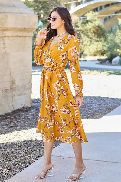 Double Take Full Size Floral Tie Back Flounce Sleeve Dress - Scarlett's Riverside Boutique 