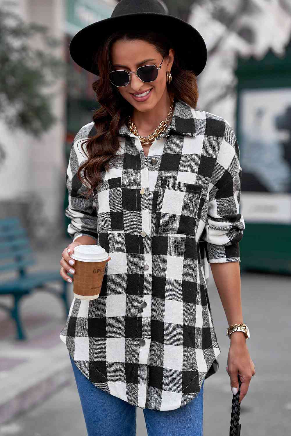 Plaid Curved Hem Dropped Shoulder Longline Shirt Jacket - Scarlett's Riverside Boutique 