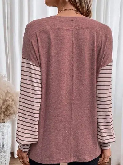 Round Neck Striped Long Sleeve Slit T-Shirt - Scarlett's Riverside Boutique 
