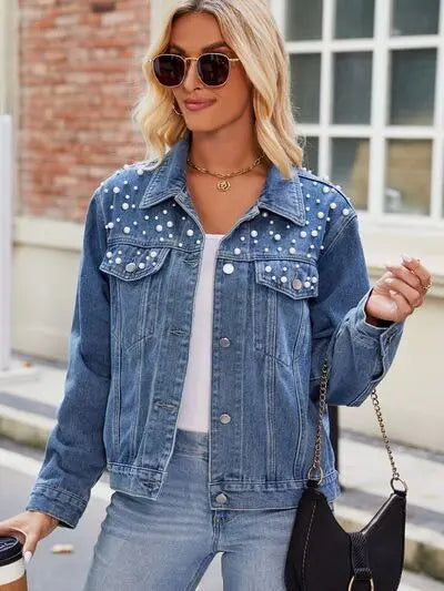 Pearl Detail Collared Neck Long Sleeve Denim Jacket - Scarlett's Riverside Boutique 