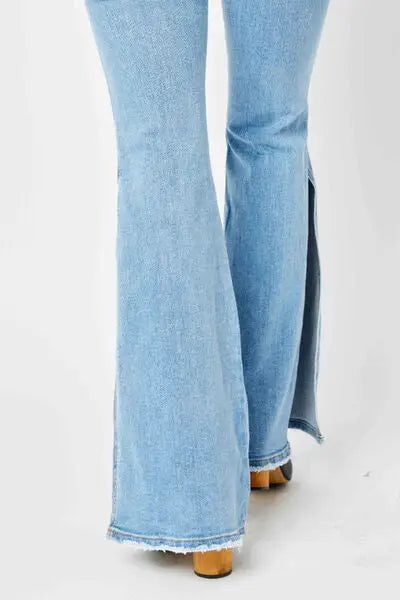 Judy Blue Full Size Mid Rise Raw Hem Slit Flare Jeans - Scarlett's Riverside Boutique 