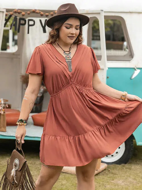 Double Take Plus Size Ruffle Hem V-Neck Short Sleeve Dress - Scarlett's Riverside Boutique 