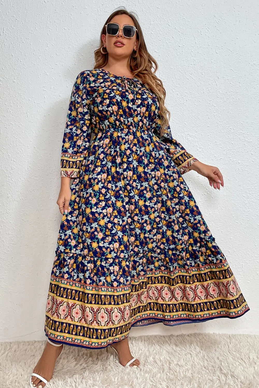 Melo Apparel Plus Size Bohemian Round Neck Maxi Dress - Scarlett's Riverside Boutique 