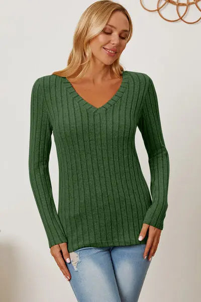 Basic Bae Full Size Ribbed V-Neck Long Sleeve T-Shirt - Scarlett's Riverside Boutique 