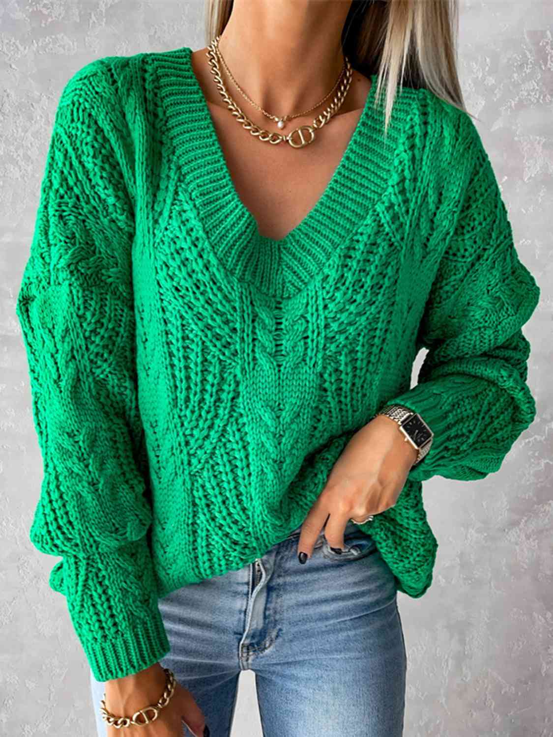 V-Neck Cable-Knit Long Sleeve Sweater - Scarlett's Riverside Boutique 