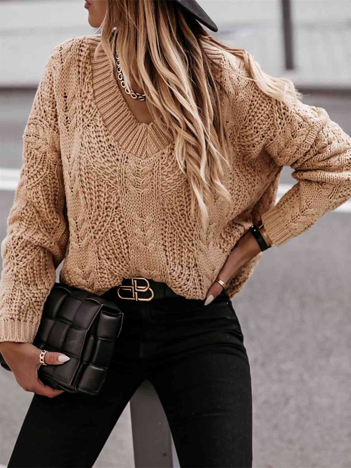 V-Neck Cable-Knit Long Sleeve Sweater - Scarlett's Riverside Boutique 