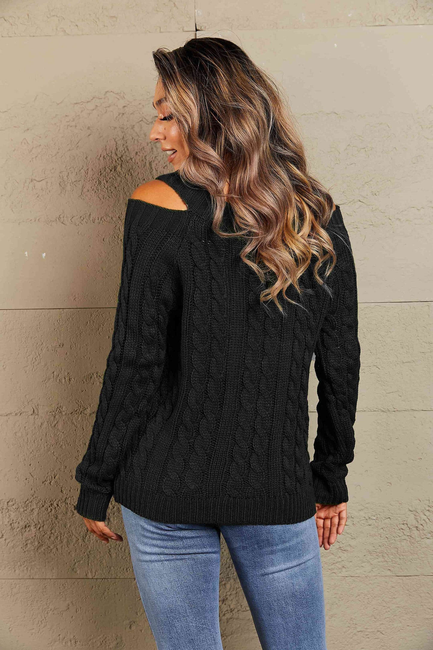 Woven Right Cable-Knit Cold-Shoulder Long Sleeve Sweater