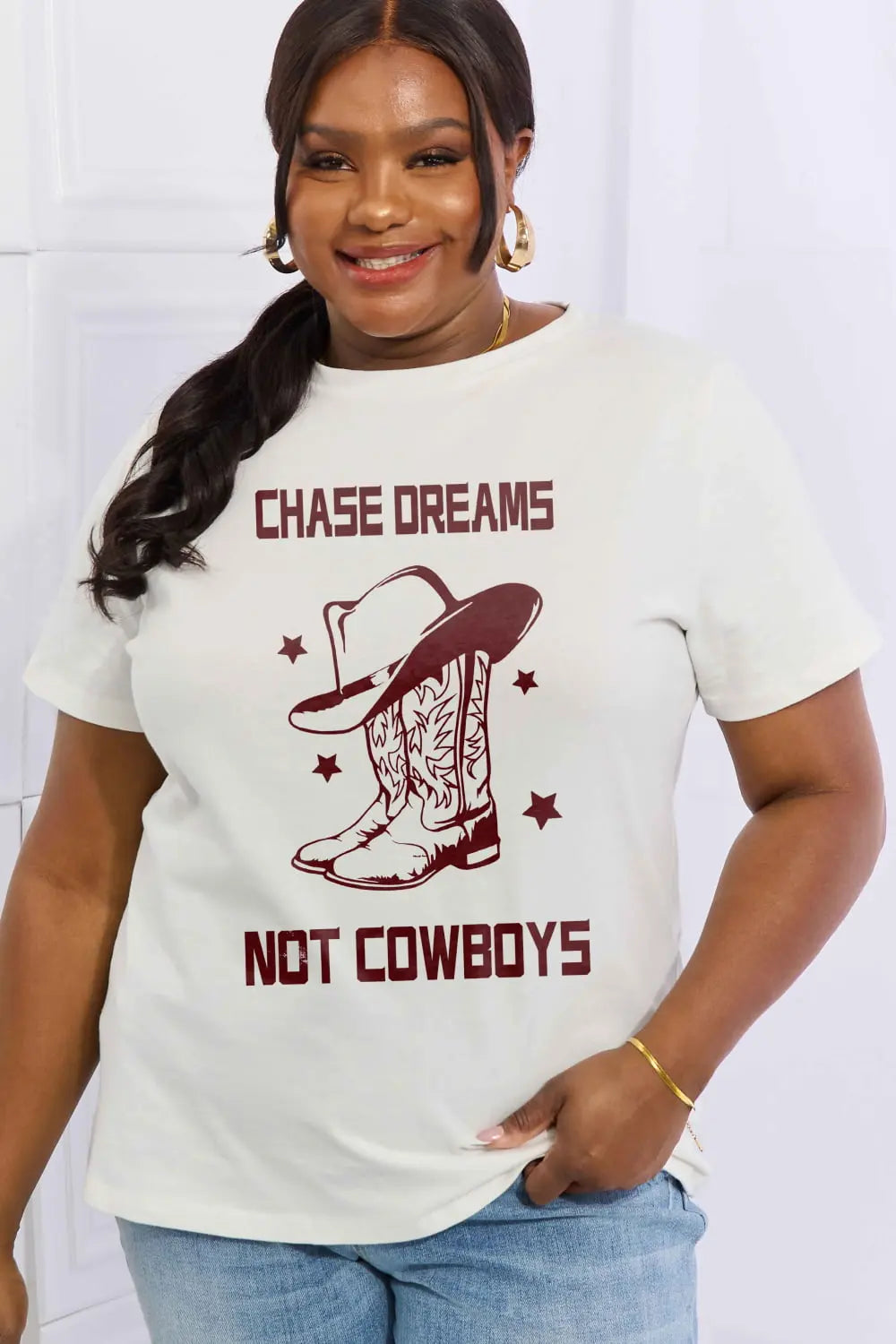 Simply Love Simply Love Full Size CHASE DREAMS NOT COWBOYS Graphic Cotton Tee - Scarlett's Riverside Boutique 