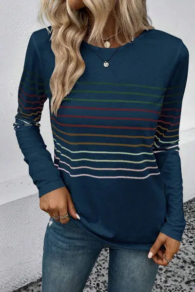 Striped Round Neck Long Sleeve T-Shirt - Scarlett's Riverside Boutique 