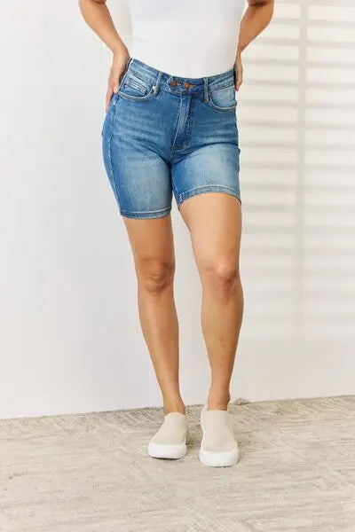 Judy Blue Full Size Tummy Control Double Button Bermuda Denim Shorts - Scarlett's Riverside Boutique 