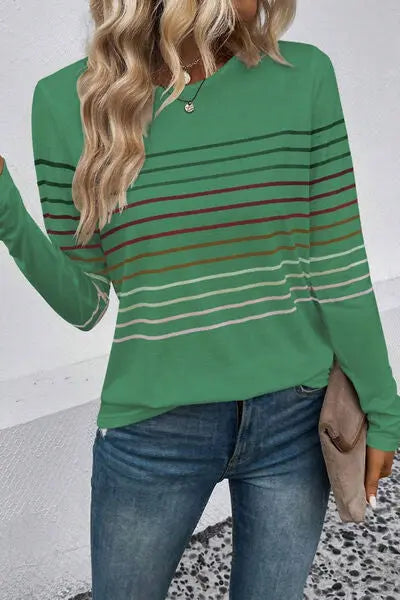 Striped Round Neck Long Sleeve T-Shirt - Scarlett's Riverside Boutique 