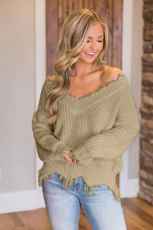 Frayed Hem Dropped Shoulder Sweater - Scarlett's Riverside Boutique 