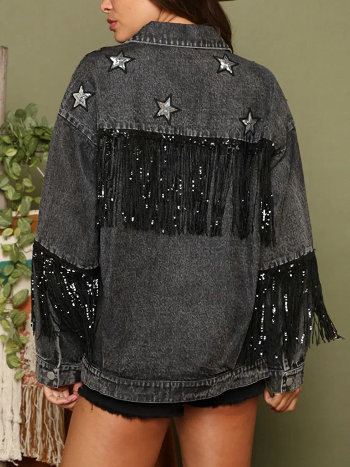 Fringe Detail Long Sleeve Denim Jacket - Scarlett's Riverside Boutique 