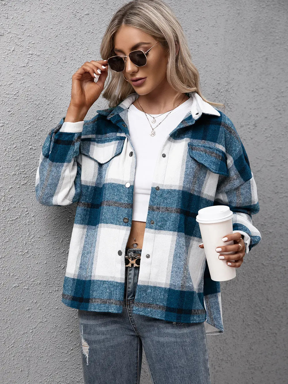 Plaid Long Sleeve Shirt Jacket - Scarlett's Riverside Boutique 