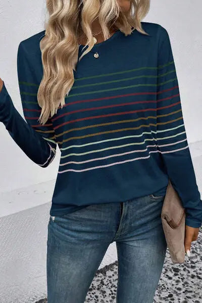 Striped Round Neck Long Sleeve T-Shirt - Scarlett's Riverside Boutique 