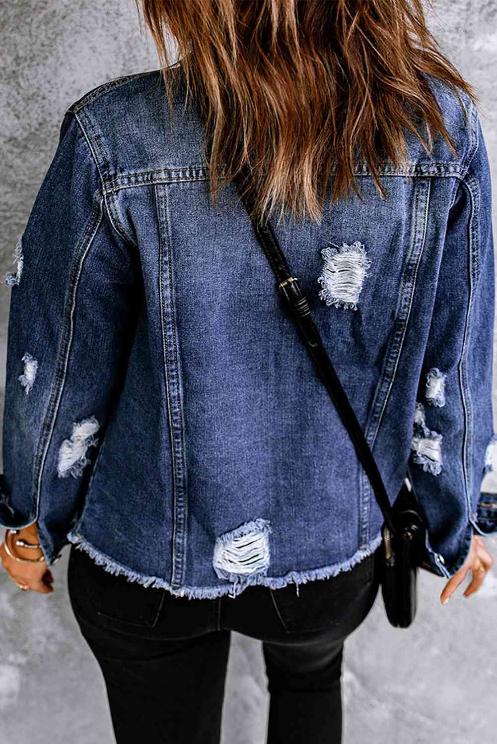 Mixed Print Distressed Button Front Denim Jacket - Scarlett's Riverside Boutique 