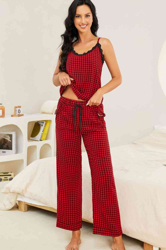 Plaid Lace Trim Cami and Drawstring Pants Pajama Set - Scarlett's Riverside Boutique 